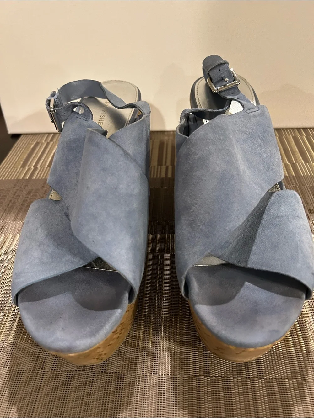Marc Fisher Slate Blue Suede Crisscross Platform Sandals